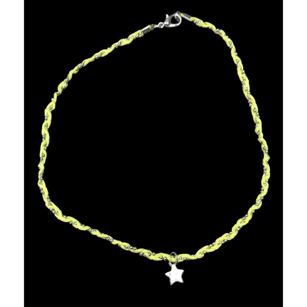 Handmade 90s Style Green And Silver Tone Braided Necklace With Star Charm